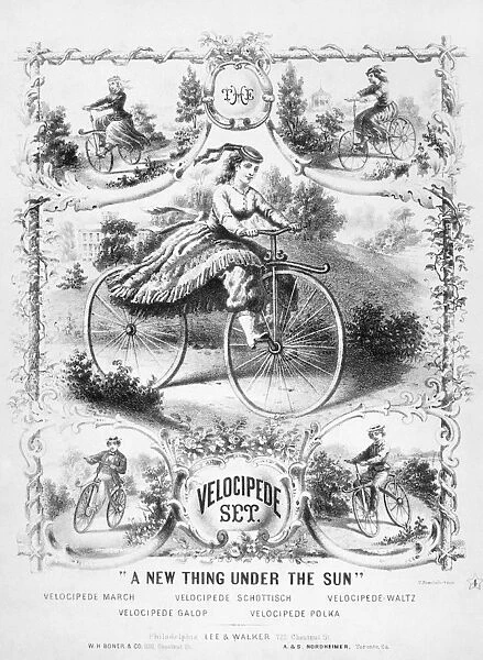 BICYCLES: SONGSHEET, 1869. Lithograph sheet music cover by Thomas Sinclair for the Velocipede Set, published at Philadelphia, 1869