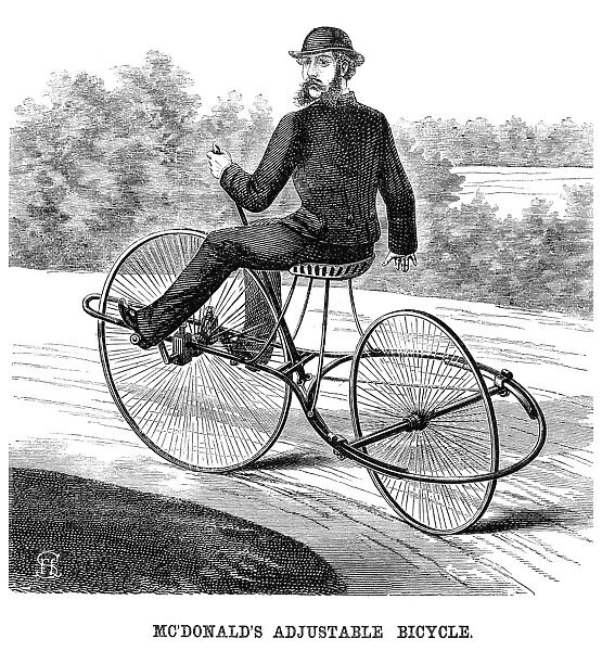 BICYCLING, 1869. McDonalds adjustable bicycle. Wood engraving, American, 1869