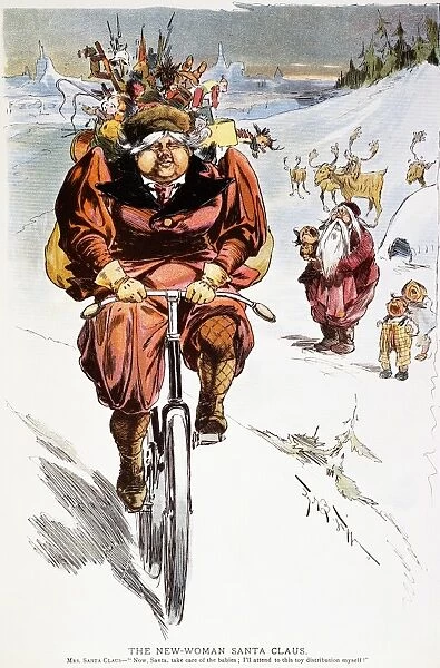 BICYCLING CARTOON, 1895. American magazine cartoon, 1895, satirizing both the feminist movement and the bicycle craze of the time