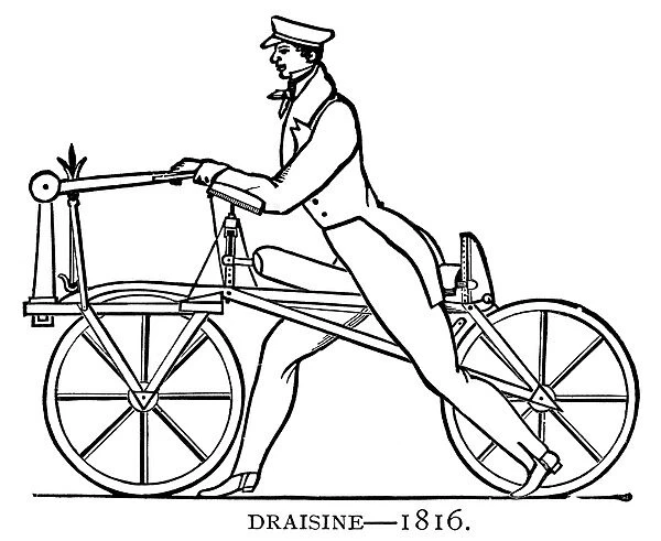 BICYCLING: DRAISINE, 1816. The Draisine, or Pedestrian Curricle, devised, 1816, by Karl von Drais de Sauerbrun. Drawing, 19th century
