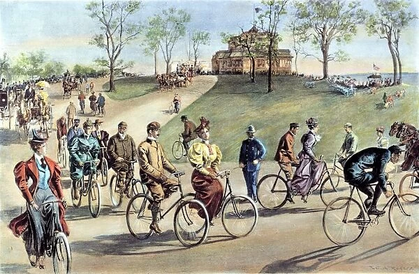 BICYCLING. on Riverside Drive, new York City. Drawing, 1895, by W. A. Rogers