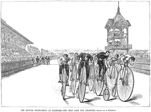 BICYCLING TOURNAMENT, 1885. Bicycle tournament at Hartford, Connecticut. Line engraving from an American newspaper of 1885
