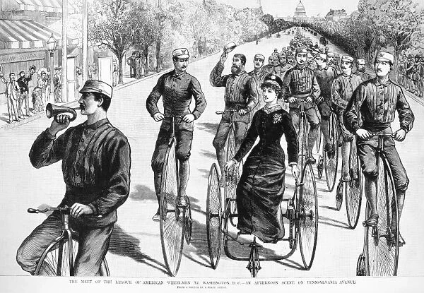 BICYCLIST MEETING, 1884. The First Annual Meet of the League of American Wheelmen at Washington, D. C. Line engraving from a contemporary American newspaper, 1884