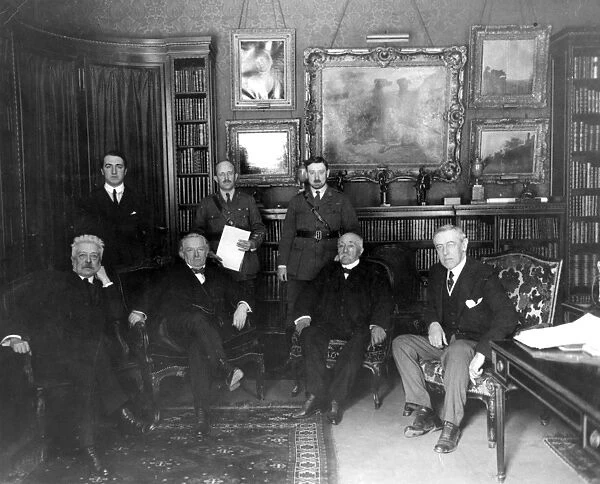 The Big Four in the Hotel Crillon, Paris, December 1918. From left to right are Vittorio Emanuele Orlando of Italy, Lloyd George of Great Britain, Georges Clemenceau of France, and President Woodrow Wilson of the United States of America