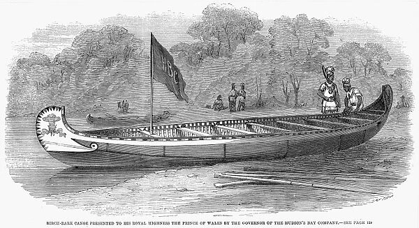 BIRCH-BARK CANOE, 1861. Birch-bark canoe presented to the Prince of Wales by the Hudsons Bay Company. Wood engraving, 1861