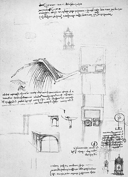 A birds wing and the action of the tendons in flight. Drawing by Leonardo da Vinci