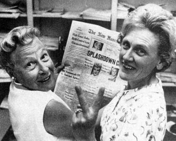BIRTH CONTROL RULING, 1965. Estelle Griswold, left, of New Haven, Connecticut, reading a newspaper account of the U. S. Supreme Courts ruling in her case, Griswold v. Connecticut, 7 June 1965, that the state law under which she had been convicted for distributing contraceptives was unconstitutional