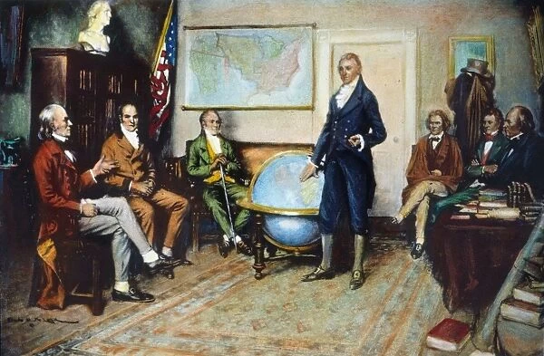 The Birth of the Monroe Doctrine. Left to right: John Quincy Adams, William Harris Crawford, William Wirt, President James Monroe, John C. Calhoun, Daniel D. Tompkins, and John McLean. After the painting by Clyde O. DeLand