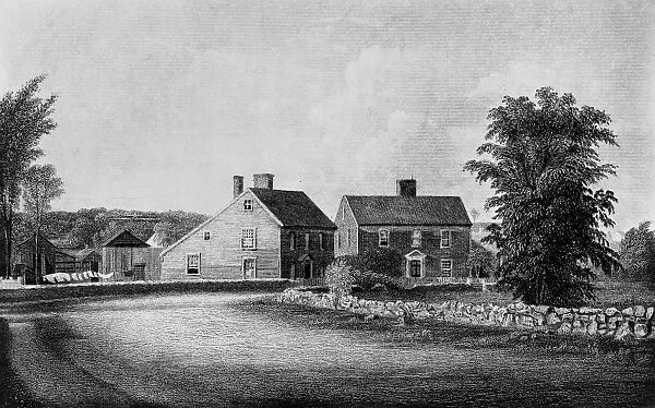The birthplaces of Presidents John Adams and John Quincy Adams at Quincy (then part of Braintree) Massachusetts. Line engraving, 19th century