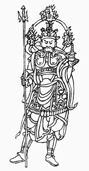Bishamon, sometimes known as Tamon-tenno, a Japanese Buddhist-Shinto god of fortune and a guardian of the world. Line engraving