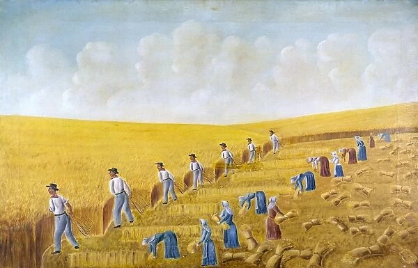 BISHOP HILL COLONY, 1875. Harvesting at Bishop Hill Colony, Illinois, founded, 1846, by the Swedish Pietist Erik Jansson. Oil on canvas, 1875, by Olaf Kraus, a member of the colony