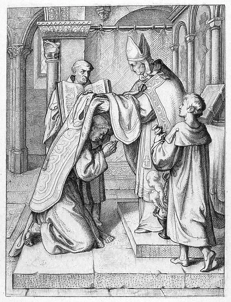BISHOP ORDAINING PRIEST. A Roman Catholic bishop ordaining a priest