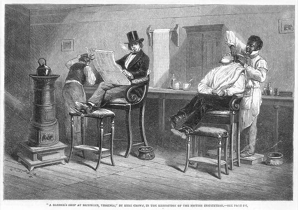 BLACK BARBER, 1861. Wood engraving, 1861, after a painting by the English artist, Eyre Crowe, who was William M. Thackerays secretary during the writers American tour of 1852-53