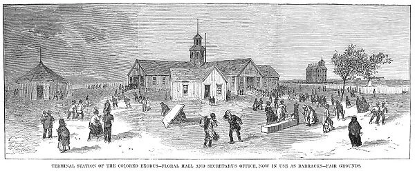 BLACK EXODUS, 1879. The scene at Topeka, Kansas, outside one of the buildings used as terminus for black migrants from the South, following the end of Reconstruction. Wood engraving, American. 1879