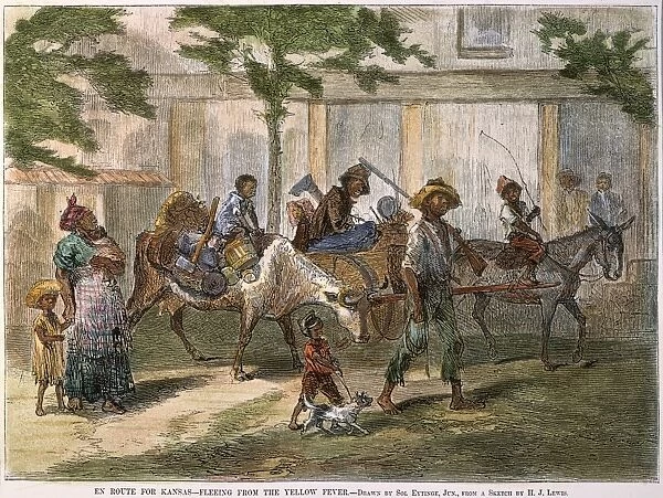 Black migrants to Kansas fleeing the South and an outbreak of yellow fever. Contemporary American wood engraving