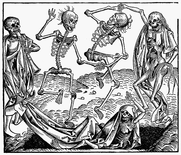 BLACK PLAGUE, 1493. Dance of death with plague victims. Woodcut from the Nuremberg Chronicle