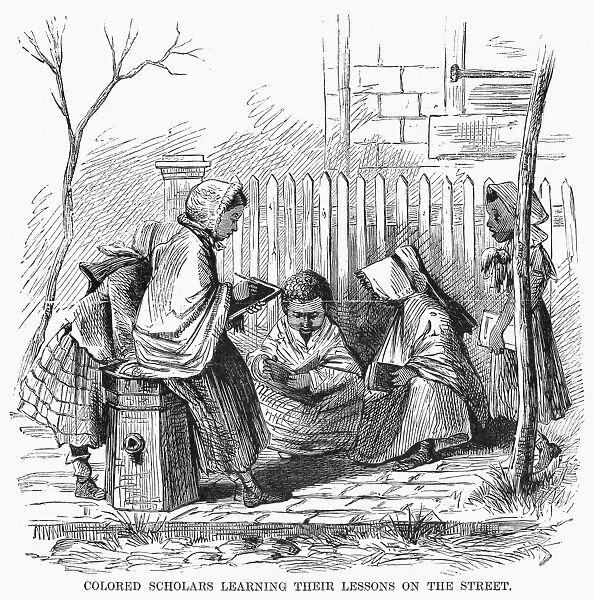 BLACK SCHOOL CHILDREN. Children of a School for Colored Children, a Freedmens School, studying in the street of a Southern town. Wood engraving, American, 1867