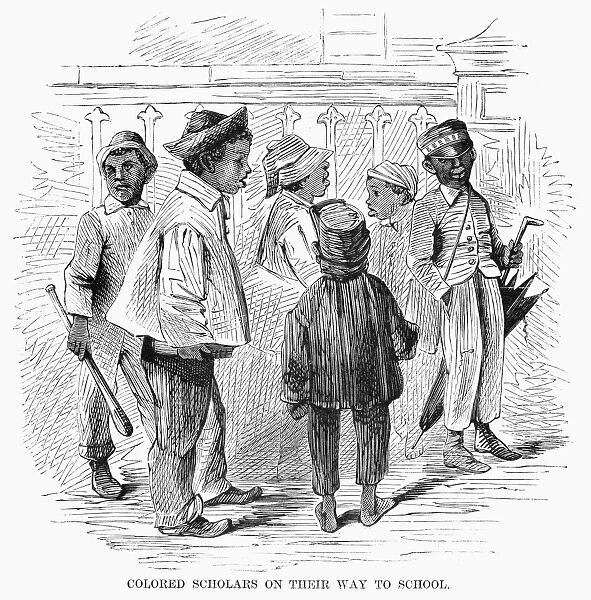 BLACK SCHOOL CHILDREN. Children on their way to a School for Colored Children, a Freedmens School, in a Southern town. Wood engraving, American, 1867