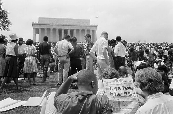 Black and white Civil Rights demonstrators in front of the Lincoln Memorial at the March on Washington. Photographed by Warren Leffler, 28 August 1963