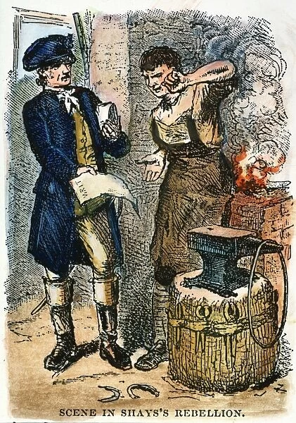 BLACKSMITH: WRIT, 1786. A Massachusetts blacksmith served with a writ of attachment for debt during Shays Rebellion in 1786: colored engraving, 19th century