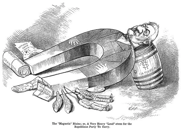Blaine depicted as a flawed candidate for the Republican presidential nomination in a cartoon by Thomas Nast from May 1880