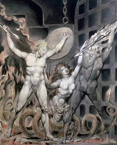 BLAKE: SATAN. Satan Comes to Gates of Hell. Watercolor by William Blake (1757-1827)