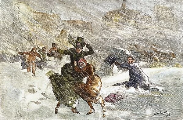 BLIZZARD OF 1888, NYC. The perils of Union Square in New York City during the great blizzard of 12-14 March 1888: contemporary colored engraving
