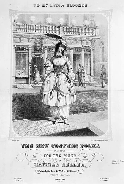 BLOOMER SONGSHEET, 1857. The New Costume Polka. American songsheet cover dedicated to Mrs