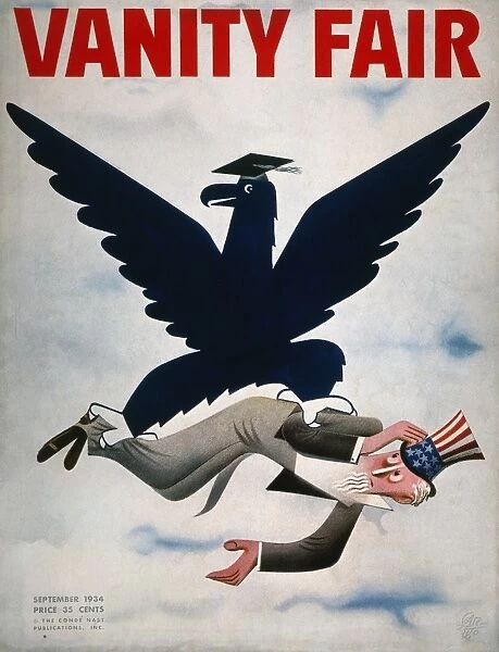 The blue eagle of the N. R. A. rescuing Uncle Sam from the Great Depression. American magazine cover, 1934