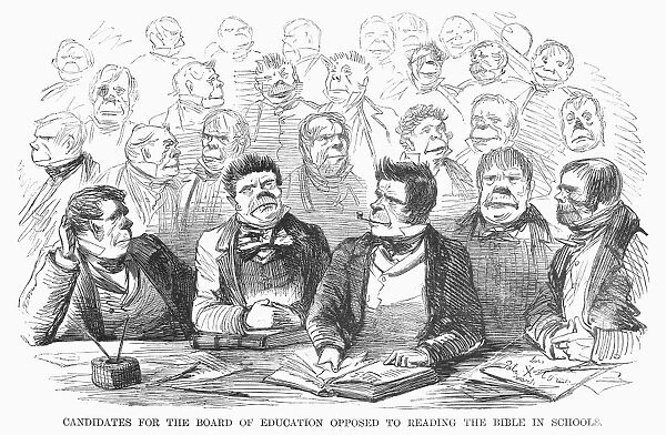 BOARD OF EDUCATION, 1858. Candidates for the Board of Eduction Opposed to Reading the Bible in Schools. American anti-Irish cartoon, 1858
