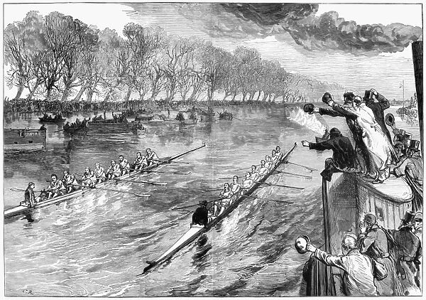 BOAT RACE, 1877. The university boat-race dead-heat: the finish. Engraving, 1877