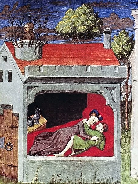 BOCCACCIO: LOVERS, c1430. The daughter of Tancredi, Prince of Salerno, with her lover. Flemish miniature, c1430, to a French translation of Giovanni Boccaccios Decameron