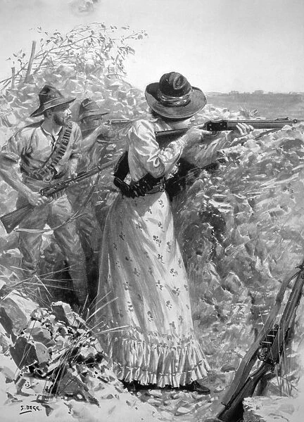 BOER WAR, 1900. Mrs. Davies, a British settler, firing on Boer positions from the