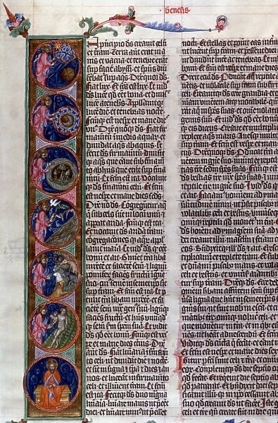 BOHEMIAN BIBLE, 1391. Initial I with illuminated Creation scenes, from a Bohemian Bible