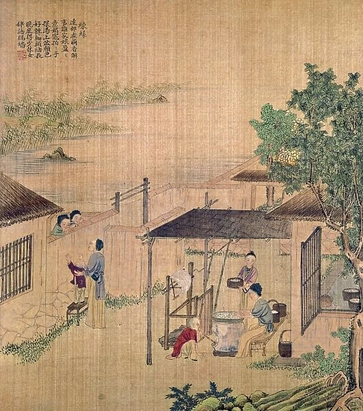 Boiling silkworm cocoons. Chinese silk painting, c1650-1726
