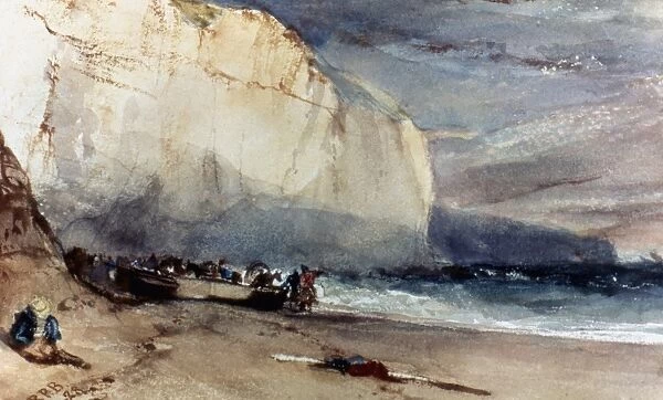 BONINGTON: CLIFF, 1828. At the Foot of the Cliff. Watercolor, 1828, by Richard Parkes Bonington