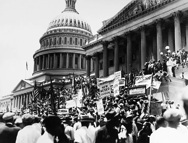 BONUS ARMY, 1932. The Bonus Brigade of World War I veterans demanding that Congress authorize payment of war bonuses, gathered on the steps of the U. S. Capitol for a second demonstration on 5 July 1932