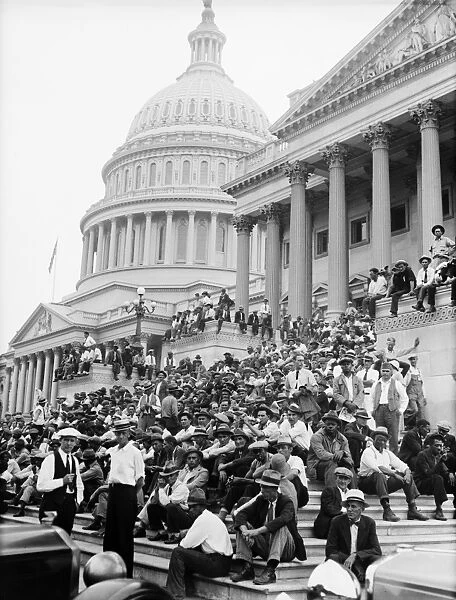 BONUS ARMY, 1932. Members of the Bonus Army on the steps of the U. S. Capitol in Washington, D