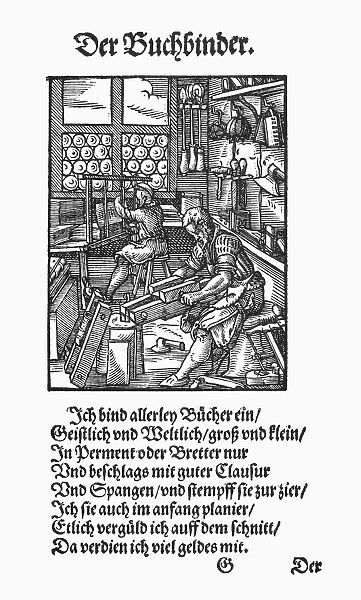 BOOKBINDER, 1568. The bookbinder binds large and small books on all subjects in