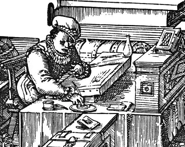 BOOKKEEPER, 1585. A German merchants bookkeeper making entries in the daily journal