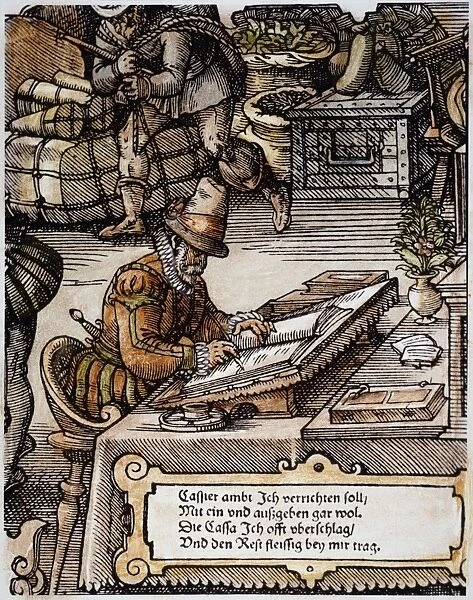 BOOKKEEPER, 16TH CENTURY. The keeper of accounts in a large merchants house: woodcut, German, 16th century