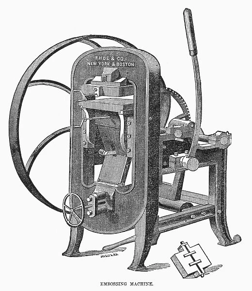 BOOKS: EMBOSSING MACHINE. Wood engraving, 19th century
