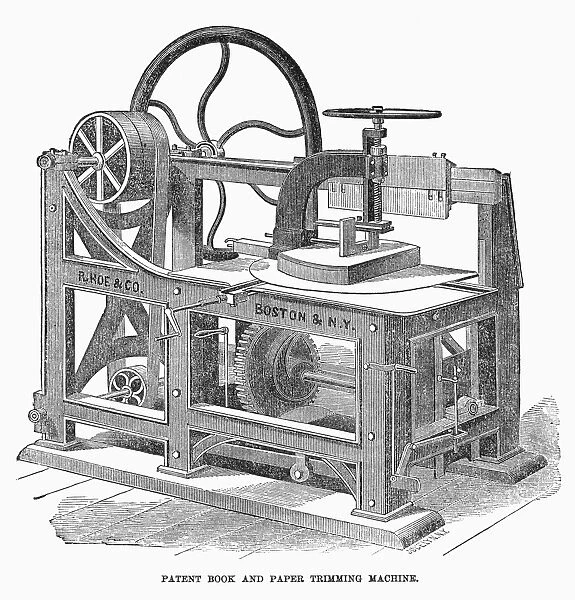 BOOKS: TRIMMING MACHINE. Patent book and paper-trimming machine. Line engraving, 19th century