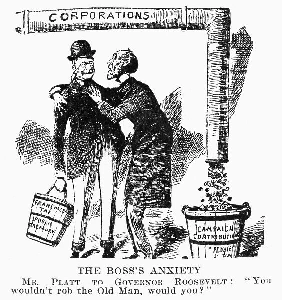 The Bosss Anxiety. Mr. Platt to Governor Roosevelt: You wouldn t rob the Old Man, would you? Senator Thomas Collier Platt fears the possibility of corporate campaign contributions being diverted from the party by the proposed franchise tax. Contemporary American cartoon