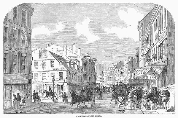 BOSTON, 1858. Scene from Washington Street in Boston, Massachusetts. Wood engraving, English, 1858
