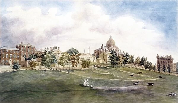 BOSTON: BEACON STREET. Beacon Street and the New State House seen from the Common. Copy of a watercolor by J. R. Smith, c1809