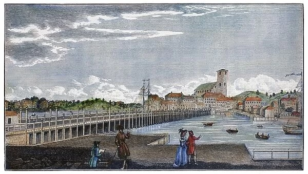 BOSTON: CHARLES RIVER, 1789. View of the Charles River Bridge, Boston, Massachusetts (with Charlestown in the background), which was 1, 503 feet long and 43 feet wide when completed and opened to the public on 17 June 1786. Wood engraving after a copper engraving of 1789