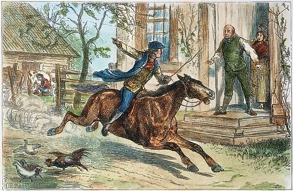 from Boston to Lexington, April 18, 1775. Color engraving, 19th century