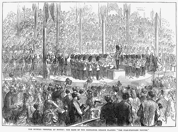 BOSTON: MUSIC FESTIVAL. The band of the Grenadier Guards performing The Star Spangled Banner at a music festival in Boston, Massachusetts. Wood engraving, 1872