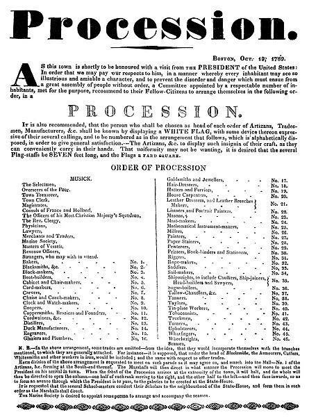BOSTON: PROCESSION, 1789. Announcement, 19 October 1789, of a procession to honor